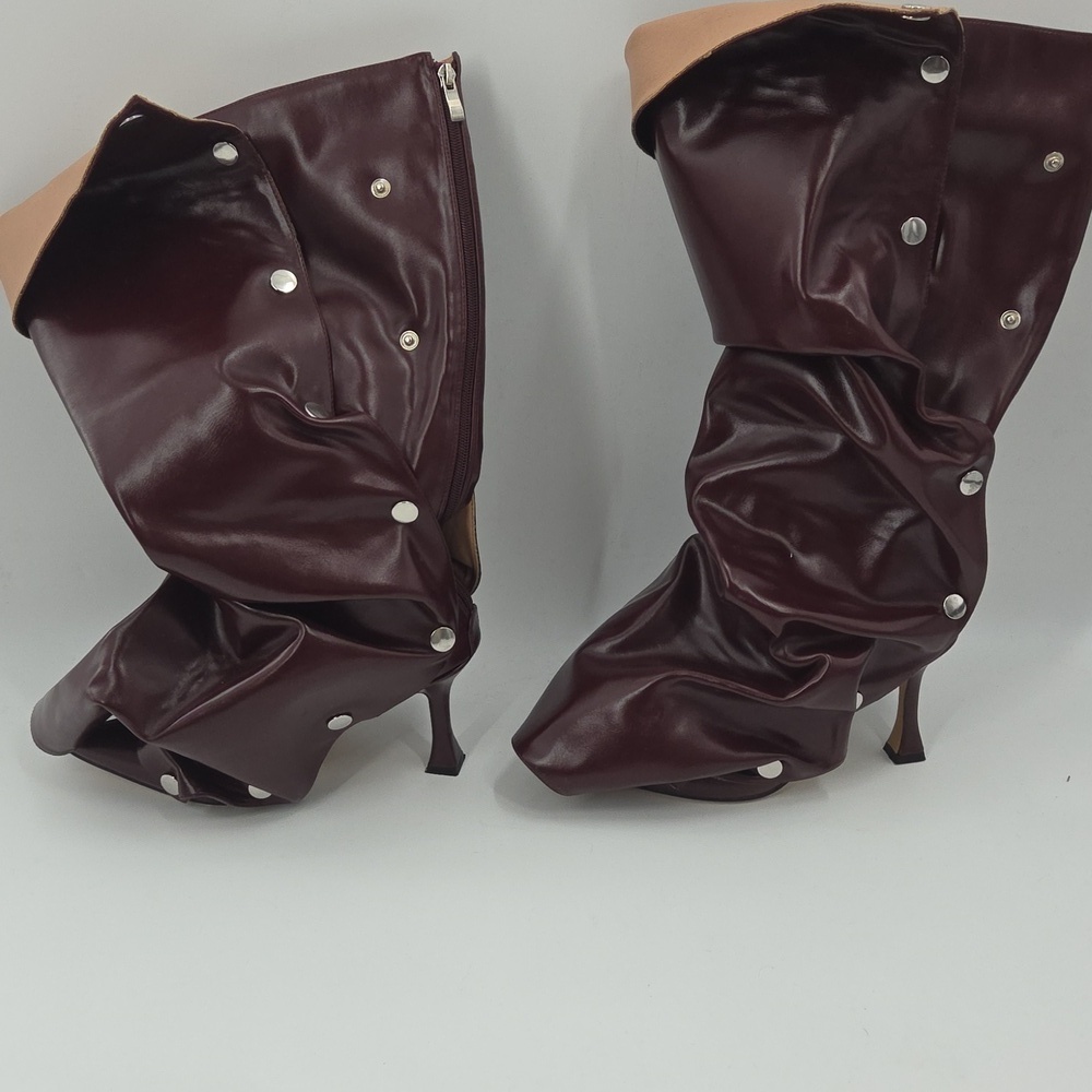 Burgundy And Khaki Slouchy Heeled Boots